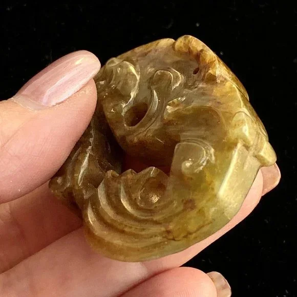 c1976 Seahorse Dragon Asian Carved Brown Jade Stone Pendant 14k Gold Bail